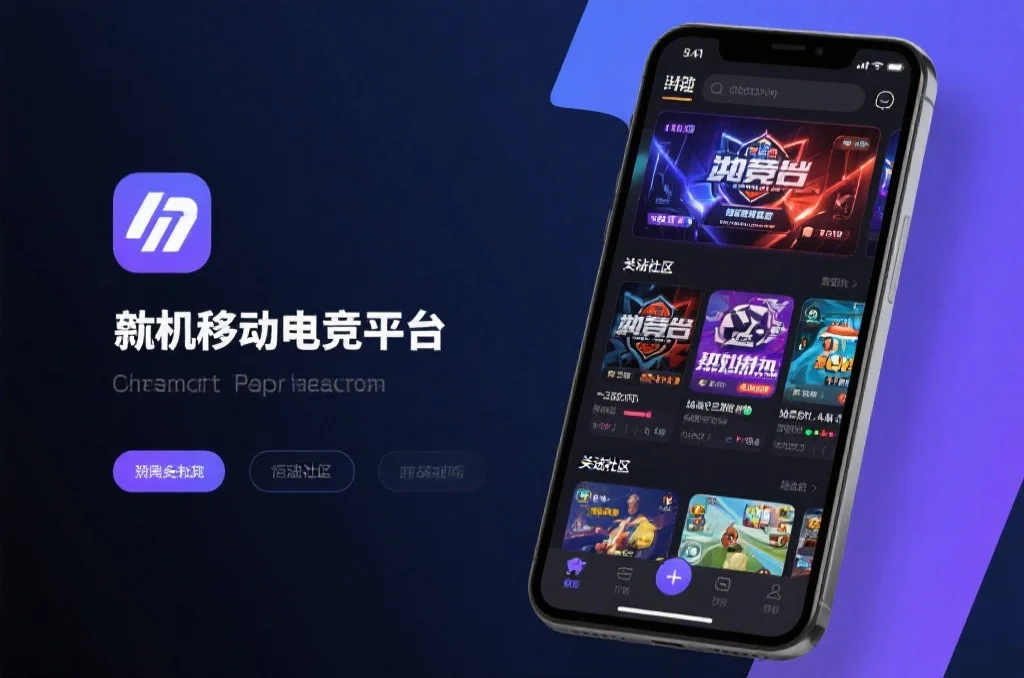 现代化移动电竞平台的主界面,显示多款热门手游赛事、实时数据和互动社区功能